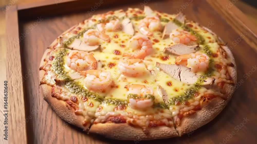 Gourmet seafood pizza topped with shrimp and chicken, served on a wooden platter in a cozy setting Gourmet seafood pizza topped with shrimp and chicken, served on a wooden platter in a cozy setting
