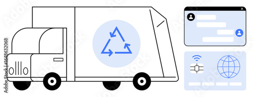 Recycling truck with circular arrows, profile window, global icon, and wireless plug. Ideal for sustainability, recycling, eco-friendly initiatives, waste management, technology global networks