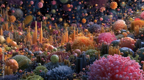 Vibrant 3D rendering of a microscopic microbiome landscape with colorful microbial colonies