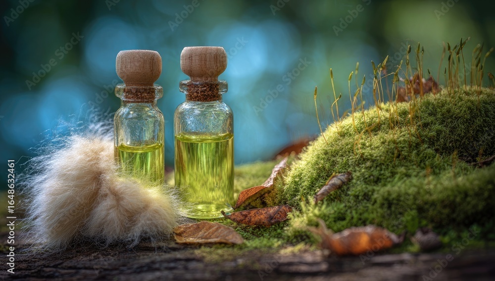 Fototapeta premium Two small glass bottles of golden liquid, resting on a bed of moss and wood, with fluffy natural fibers