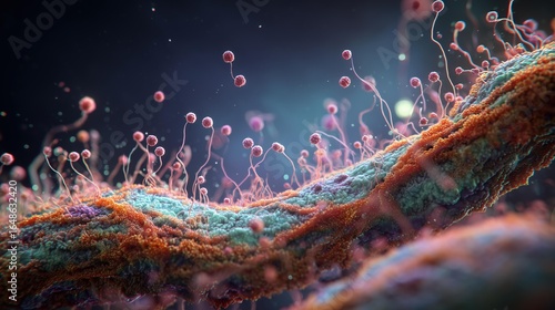 Microscopic sci-fi landscape of gut microbes forming filamentous colonies on a textured intestinal surface