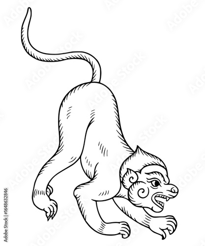 A black  line art illustration of a stylized monkey, rendered in a traditional Thai art style. 