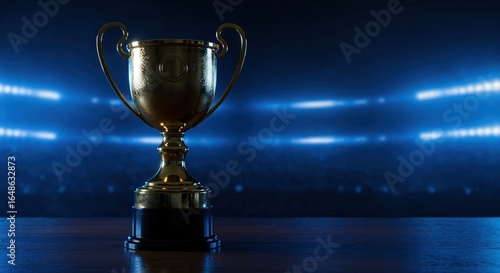 Wallpaper Mural Golden Trophy on Display: A gleaming golden trophy sits proudly on a reflective surface, illuminated by the bright glow of stadium lights in the background. Torontodigital.ca