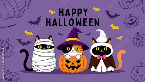 Three cute cats in Halloween costumes on purple background