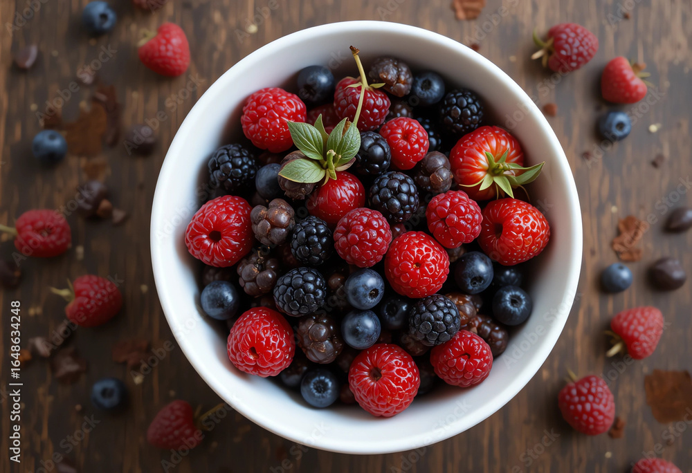 Mixed berries in ceramic bowl, top view, bright light, 3:2 Mixed berries in ceramic bowl, top view, bright light, 3:2