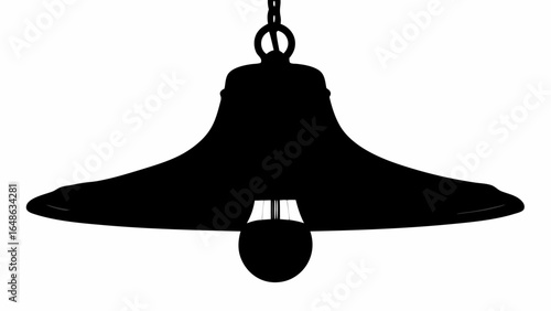 Silhouette of a hanging pendant lamp with a wide brim and a visible light bulb underneath it shown in black