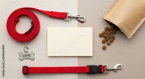Elevated pet care essentials assortment with red leash food card and tag composition