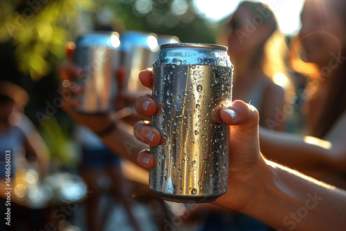 men holding aluminum can with condensation droplet. Energy Drink for Sport. Man with Can in Hands. Ai