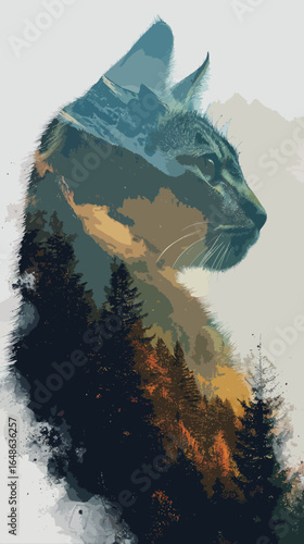 cat in double exposure of forest mountains