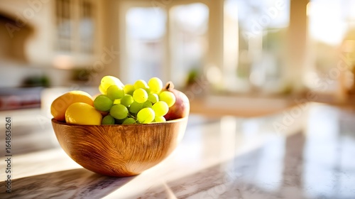 Wooden bowl filled with fresh fruit on a kitchen counter.