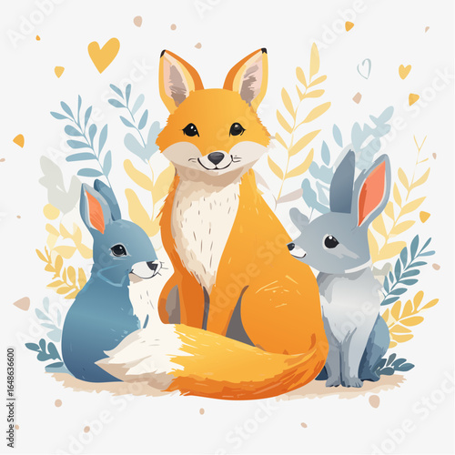 A series of whimsical animal vector illustrations in watercolor, including foxes and rabbits in soft pastel yellows, blues, and grays, with blended edges, suitable for children's books.