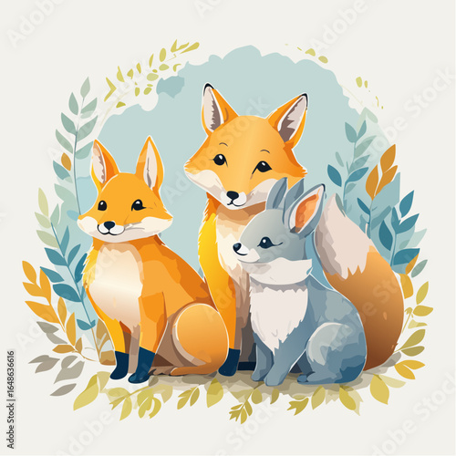 A series of whimsical animal vector illustrations in watercolor, including foxes and rabbits in soft pastel yellows, blues, and grays, with blended edges, suitable for children's books.