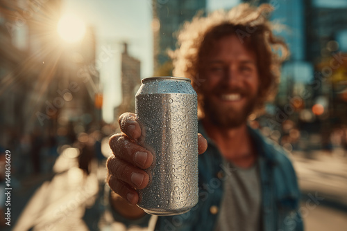 men holding aluminum can with condensation droplet. Energy Drink for Sport. Man with Can in Hands. Ai