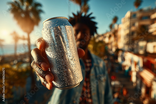 men holding aluminum can with condensation droplet. Energy Drink for Sport. Man with Can in Hands. Ai