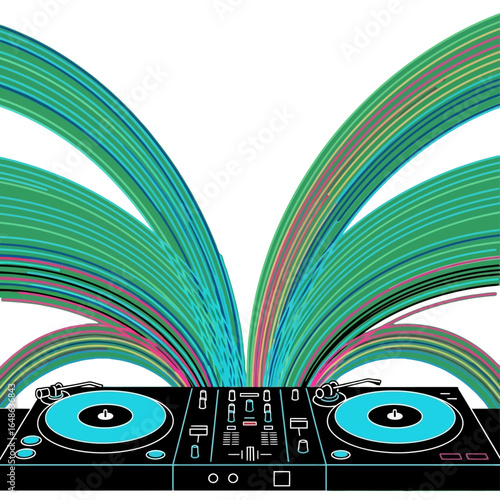 A DJ deck with turntables and a mixer, with vibrant, colorful sound waves exploding upwards on a white background.