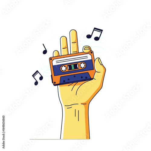 A stylized illustration of a hand holding a vintage audio cassette tape with musical notes.