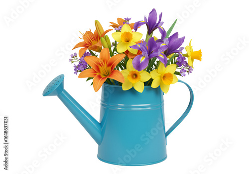Colorful Flower Arrangement in a Bright Blue Watering Can with a Black Background