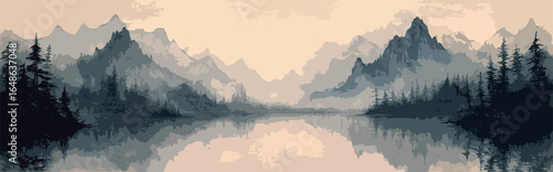 Chinese watercolor painting on wash paper with mountain, fog and trees