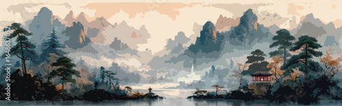 Chinese watercolor painting on wash paper with mountain, fog and trees