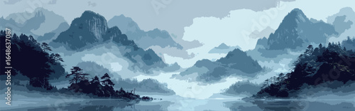 Chinese watercolor painting on wash paper with mountain, fog and trees