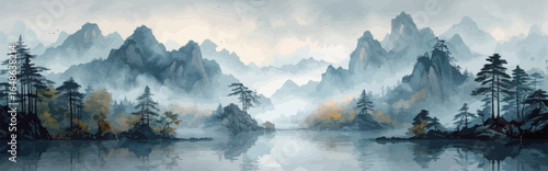 Chinese watercolor painting on wash paper with mountain, fog and trees