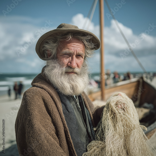 A portrait of an old fisherman on the beach in front of his fishing boat, holding a net and dressed in traditional 
