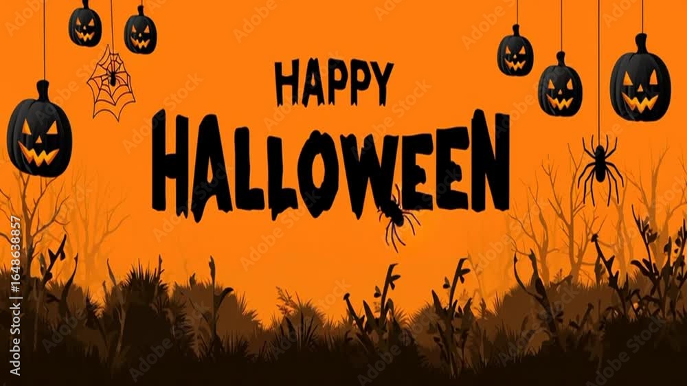 fondo abstracto y divertido con la inscripcion Happy Halloween en negro, con calabazas y arañas colgando sobre fondo naranja con hierbas oscuras. Concepto celebraciones y fiestas de terror