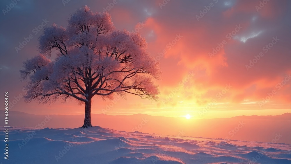 Fototapeta premium Solitary tree in a winter landscape at sunrise.