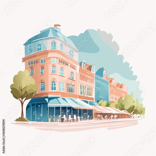 A vector watercolor depiction of an urban street scene with buildings and cafes in pastel tones of peach, light blue, and mint, featuring watery textures and light washes, ideal for city life graphics