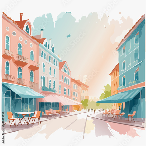 A vector watercolor depiction of an urban street scene with buildings and cafes in pastel tones of peach, light blue, and mint, featuring watery textures and light washes, ideal for city life graphics