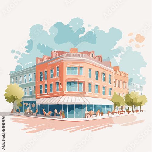A vector watercolor depiction of an urban street scene with buildings and cafes in pastel tones of peach, light blue, and mint, featuring watery textures and light washes, ideal for city life graphics