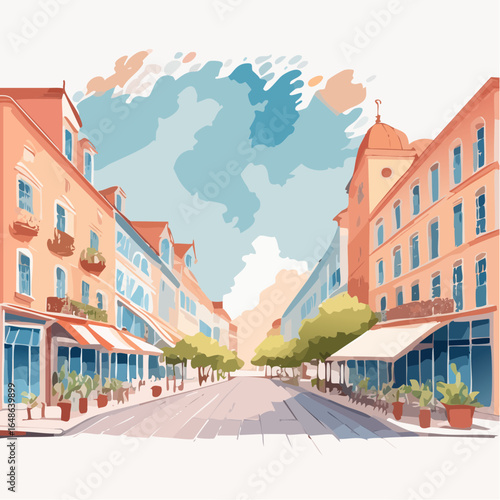 A vector watercolor depiction of an urban street scene with buildings and cafes in pastel tones of peach, light blue, and mint, featuring watery textures and light washes, ideal for city life graphics