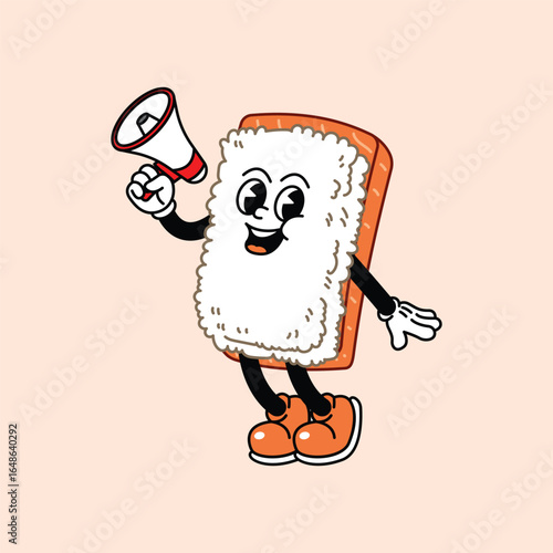 Cheerful Nigiri Sushi in Retro Vintage Mascot Character with gloved hand and foot, rubber hose cartoon style. Suitable for website, logo, infographics. Promotion with Megaphone.