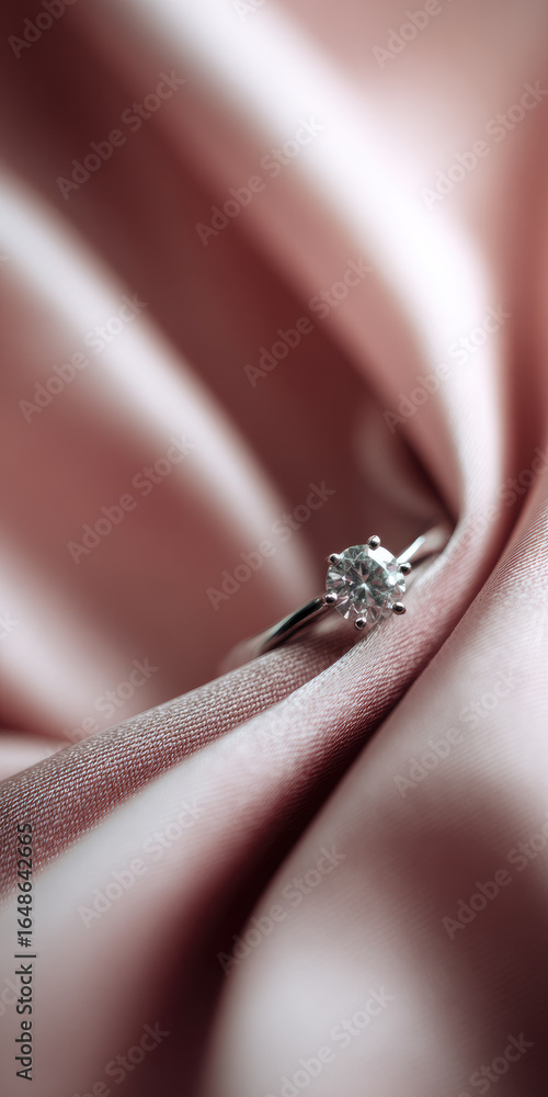 Obraz premium Diamond ring luxury accessory elegant jewelry silver band engagement romantic sparkling closeup soft pink fabric feminine style delicate and sophisticated design