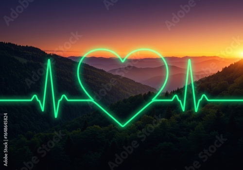 Vital Connection: A neon heartbeat over majestic mountain silhouette at twilight