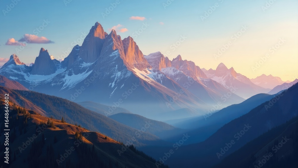 Fototapeta premium Mountain range at dawn with soft color gradients.