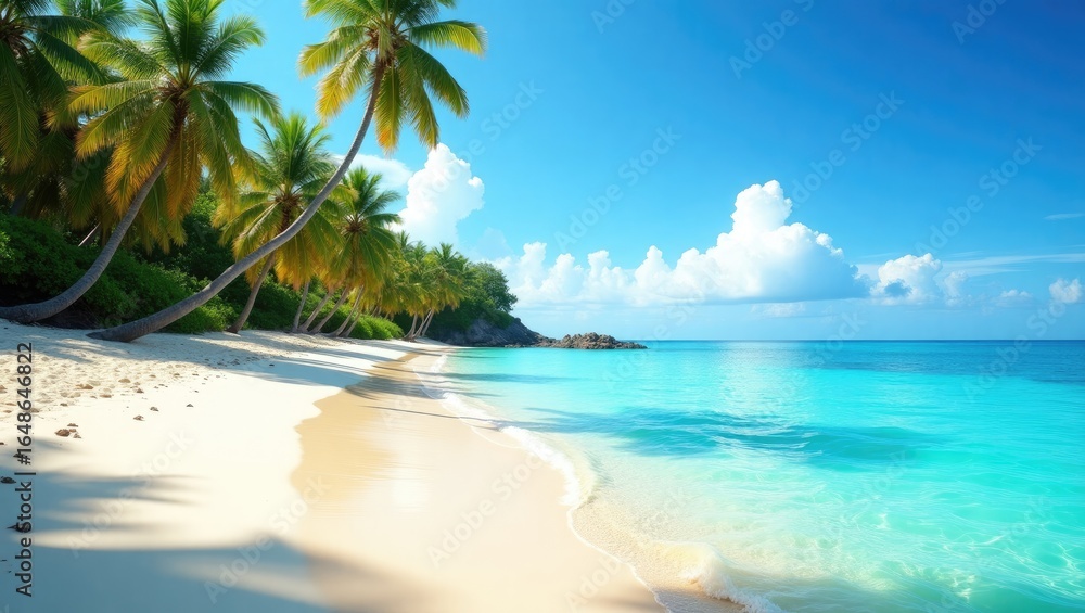 Fototapeta premium Tropical beach scene with swaying palm trees and turquoise water.