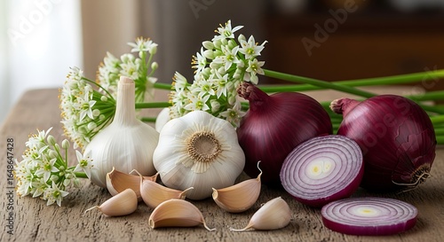 Culinary harmony: a still life of garlic, blooming garlic chives and red onions