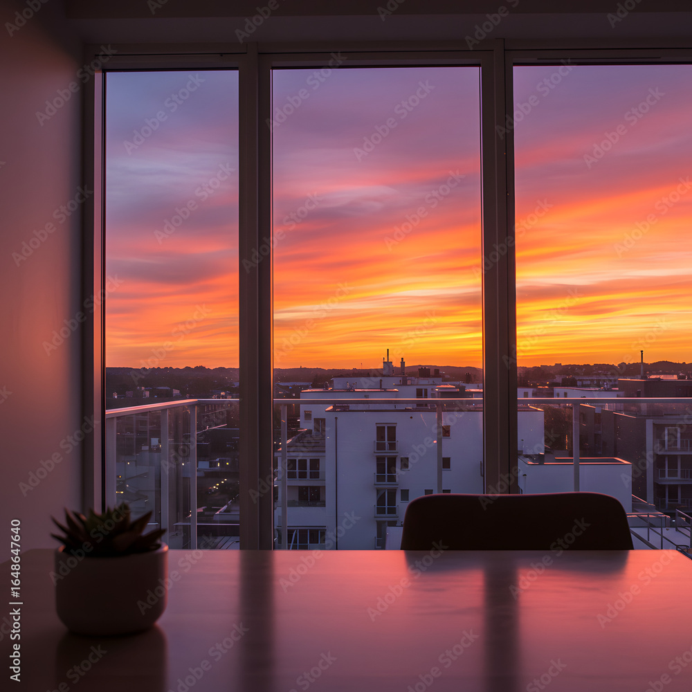 Obraz premium View of sunset through a window from an office with a desk and a plant on a table indoors