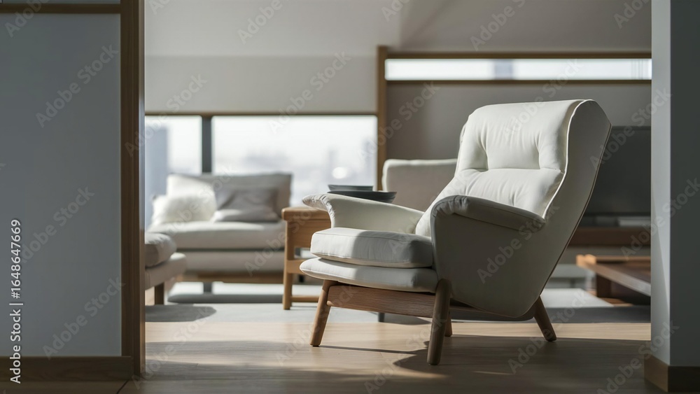 Fototapeta premium Comfortable armchair bathed in natural light in a modern living room