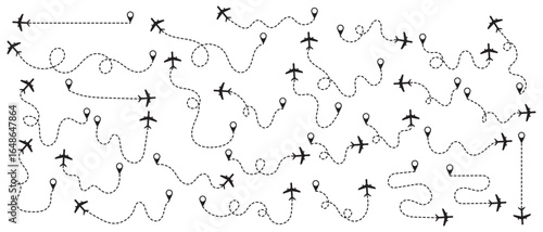 Airplane line path icon set. Vector illustration of air plane flight route with line trace on white background. map pins, location pins. Travel from start point and dotted line tracing. EPS 10