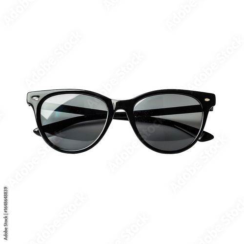 A pair of black cat-eye sunglasses with reflective lenses, isolated on a black background.  The subtle curves of the frame are elegantly showcased