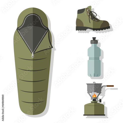 Outdoor Adventure Essentials Sleeping Bag, Hiking Boot, Water Bottle, and Portable Stove