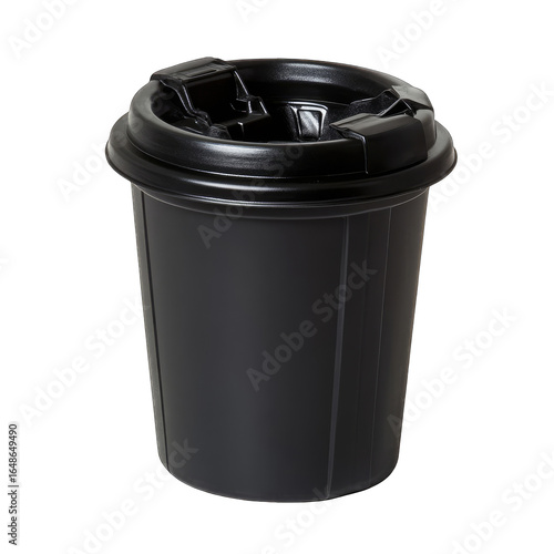 Black plastic trash can with lid
