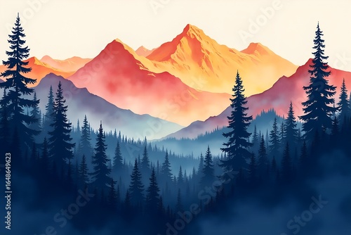 Majestic mountain range at sunrise with pine forest and misty valleys