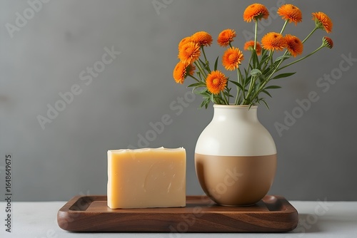 Handmade natural soap bar with orange flowers in a vase on a wooden tray