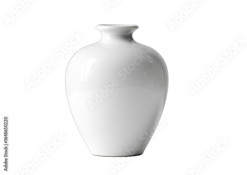 A simple, elegant, white porcelain vase with a slightly curved body and a small, round opening.  It's smooth and clean, ideal for minimalist decor