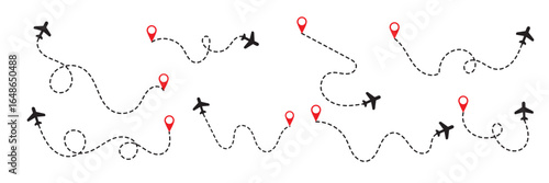 airplane with dotted flight path. air plane route dash line route with location pin. airplane icon set. plane symbol. map symbol