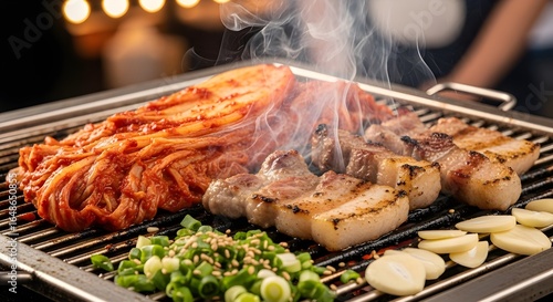 Korean BBQ Pork Belly and Kimchi Sizzle on a Hot Grill
