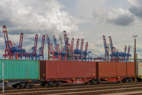 Hamburg, Germany. Old train cars and cranes in many colors